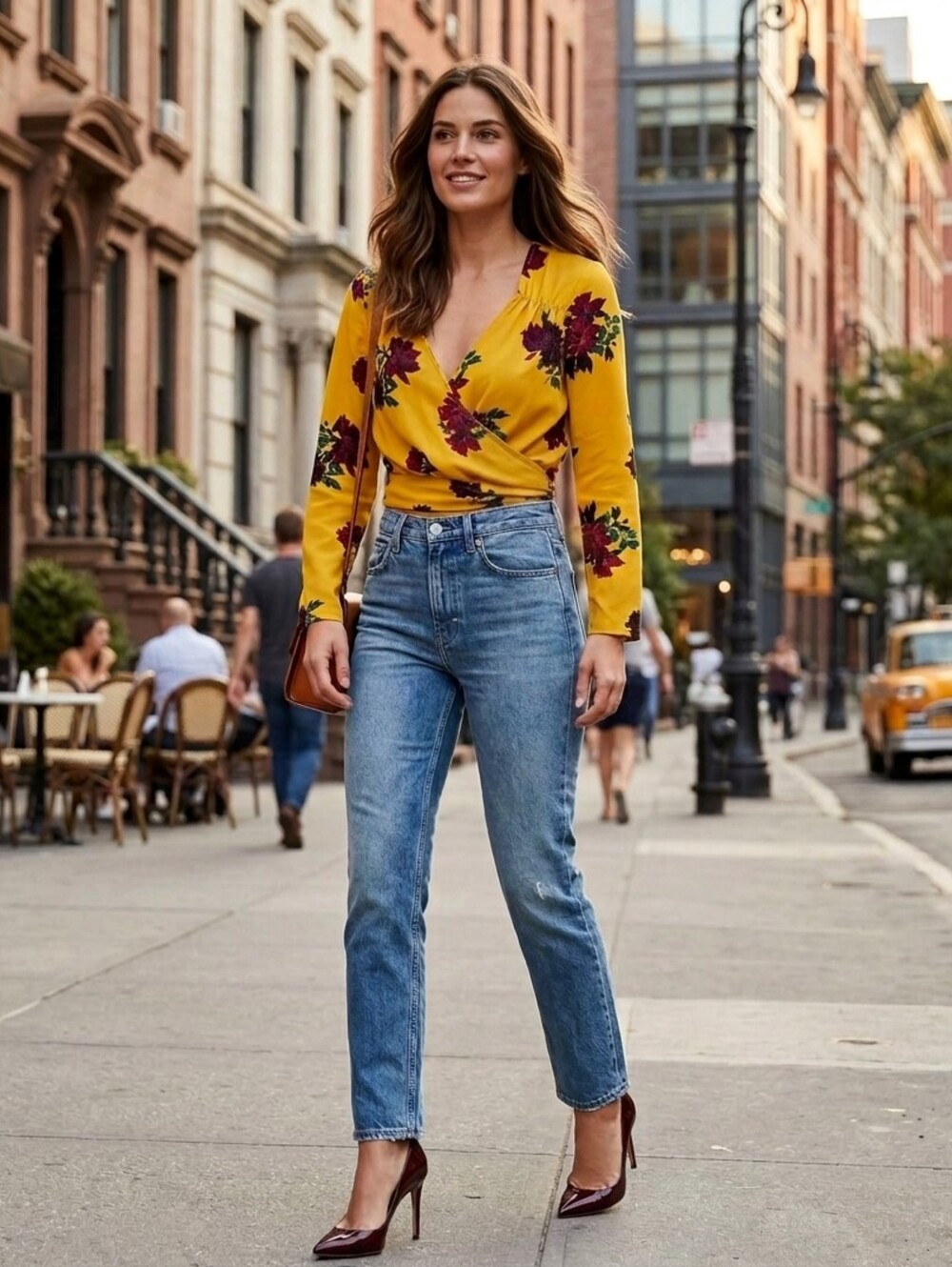 Floral Wrap-Front Long Sleeve Top in Mustard
